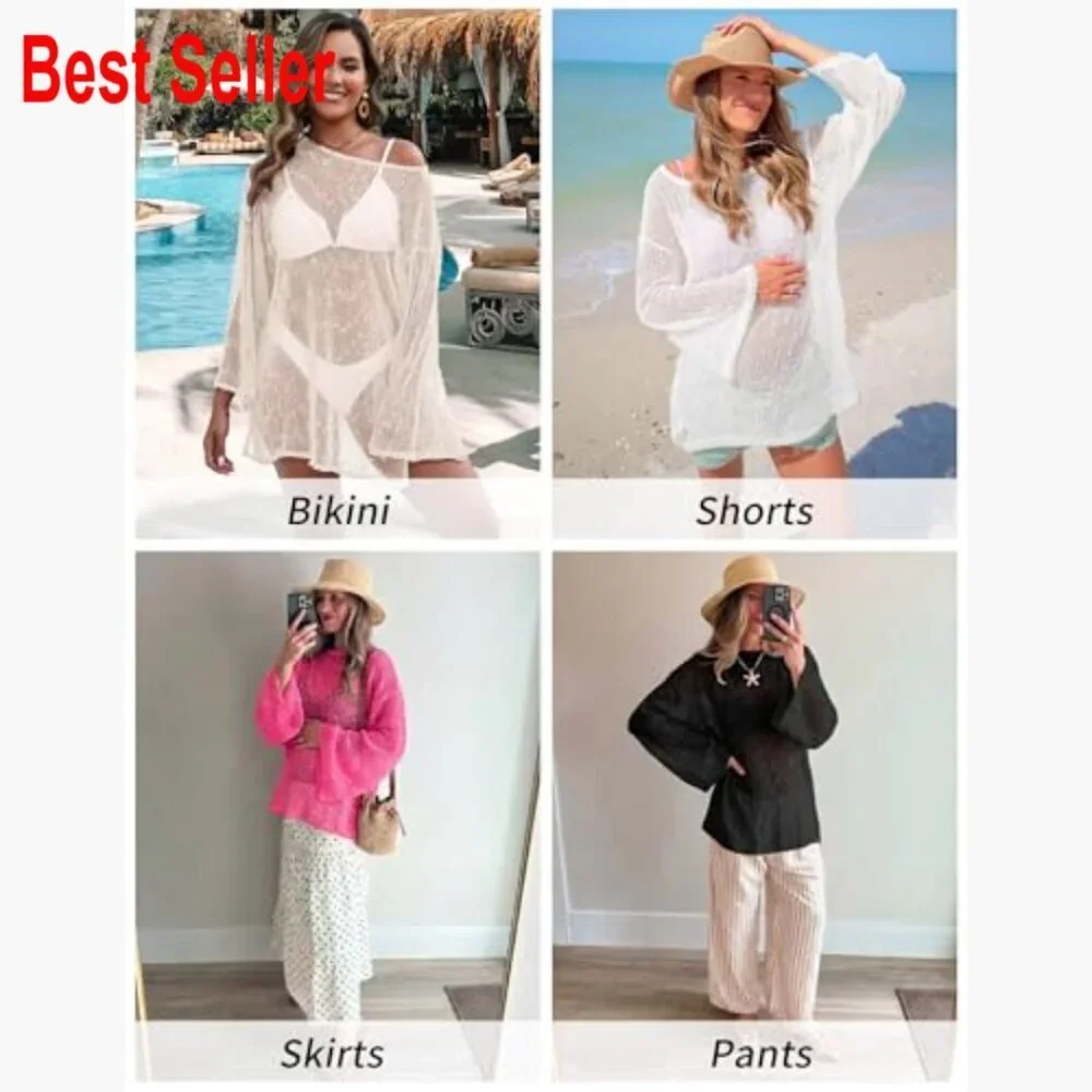 Crochet Swimsuit Coverup Boat Neck Long Sleeve Beach Caftan Dress